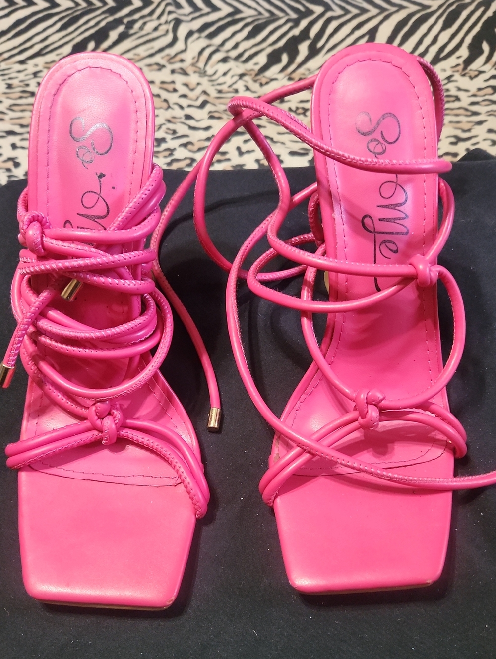So Me Hot Pink Strappy Lace-Up Square-Toe Heels